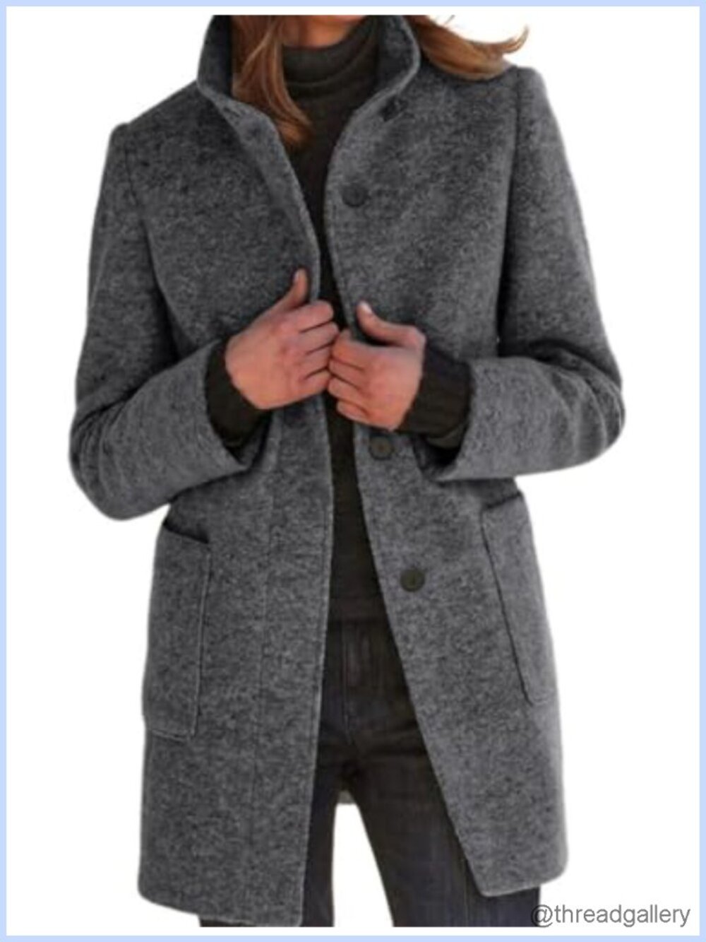 Wool Blend Pea Coat Long Stand Collar Single Breasted Winter Blazer Jacket